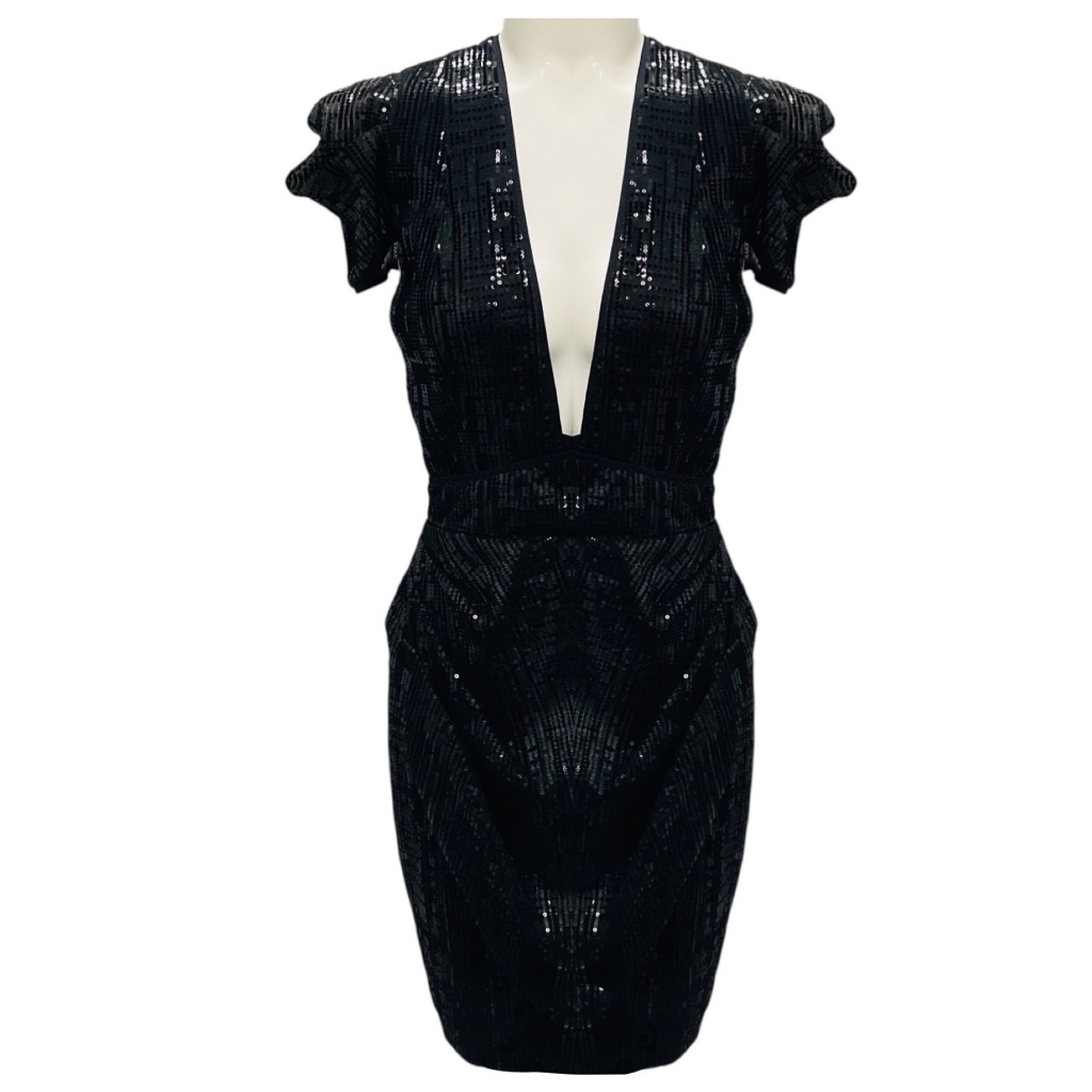 Haney Black Short Sleeved Sequined Cocktail Dress